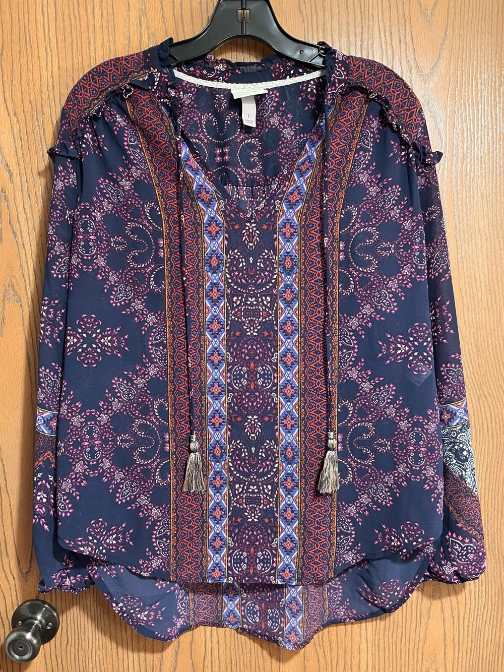 Knox Rose Navy Paisley Boho Peasant Blouse with Tassels